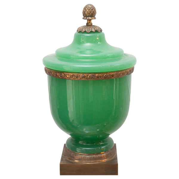ANTIQUE GREEN OPALINE COVERED JAR WITH ACORN FINIAL