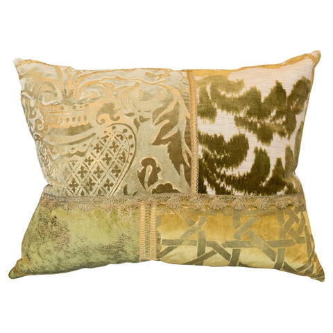 STUDIO MAISON NURITA LARGE GREEN PATCHWORK PILLOW IN A VARIETY OF SILKS AND VELVETS WITH METALLIC VINTAGE TRIMS
