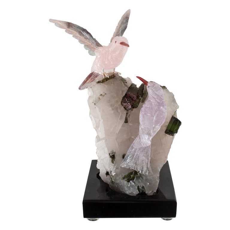 AMETHYST AND ROSE QUARTZ HUMMINGBIRD PAIR ON TOURMALINE & QUARTZ BASE