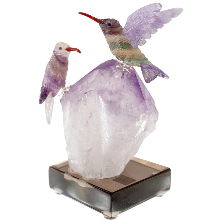 FLUORITE HUMMINGBIRD PAIR ON AMETHYST BASE