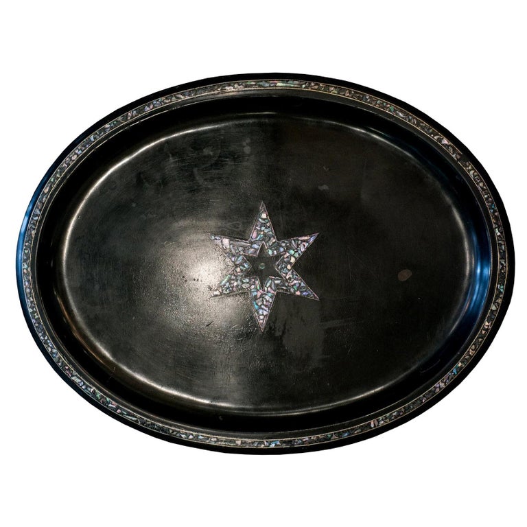 ANTIQUE DUTCH BLACK METAL TRAY WITH MOTHER OF PEARL STAR