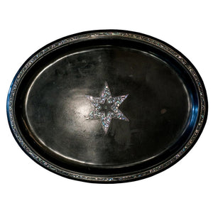 ANTIQUE DUTCH BLACK METAL TRAY WITH MOTHER OF PEARL STAR