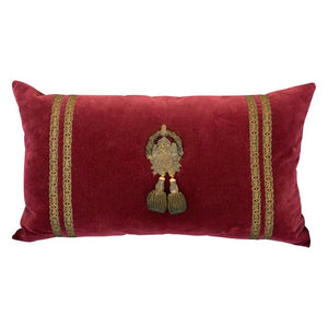 ANTIQUE LARGE BURGUNDY VELVET PILLOW WITH TRIM & TASSLES