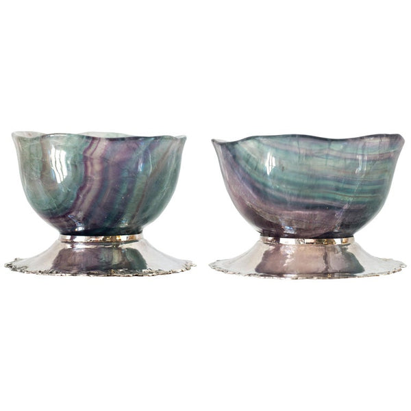 PAIR OF FLUORITE BOWLS ON A 925 STERLING SILVER BASE