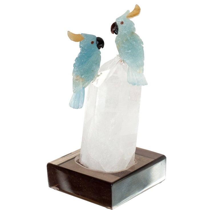 BLUE CALCITE LOVEBIRD PAIR ON QUARTZ POINT BASE