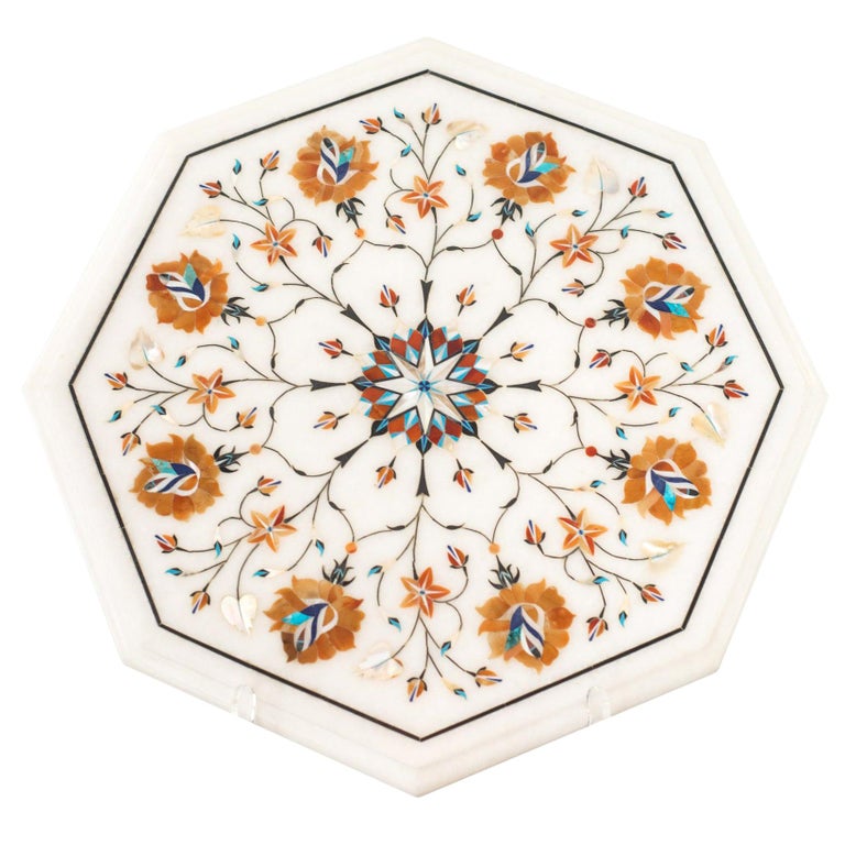 CONTEMPORARY INDIAN MARBLE PLATTER WITH ORNATE SEMI-PRECIOUS INLAY