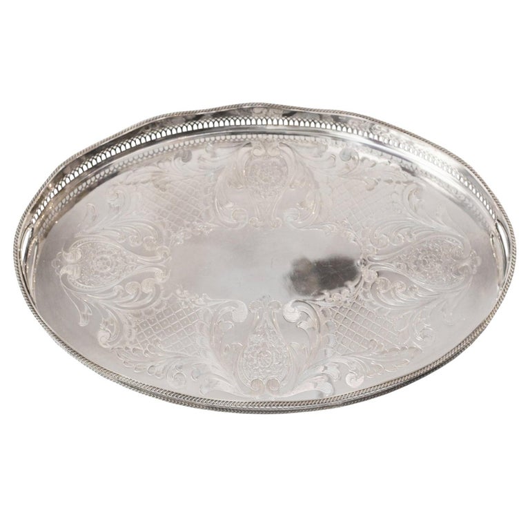ANTIQUE LARGE SILVER PLATE OVAL TRAY WITH A GALLERY