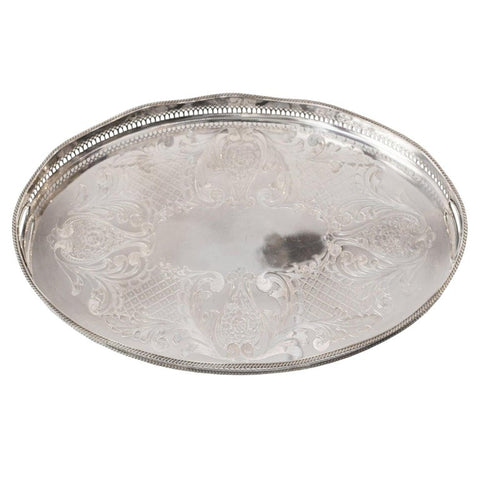 ANTIQUE LARGE SILVER PLATE OVAL TRAY WITH A GALLERY