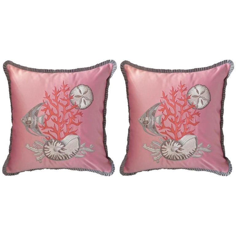 PAIR OF EMBROIDERED SILK SATIN PILLOW WITH SHELLS