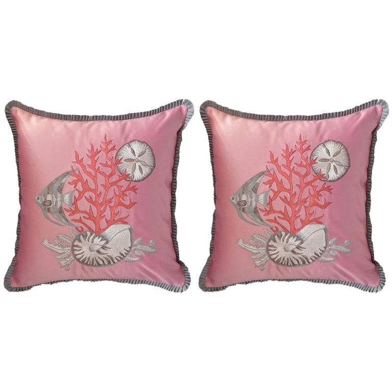 PAIR OF EMBROIDERED SILK SATIN PILLOW WITH SHELLS