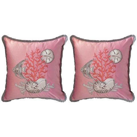 PAIR OF EMBROIDERED SILK SATIN PILLOW WITH SHELLS
