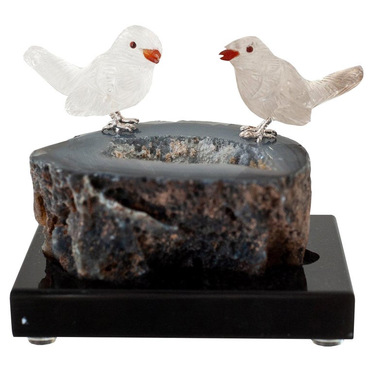 SMOKY QUARTZ SPARROW PAIR ON AGATE GEODE BASE