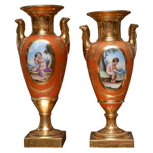 ANTIQUE FRENCH PAIR OF GERMAN HANDPAINTED VASES / URNS