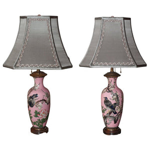 ANTIQUE JAPANESE PAIR OF PORCELAIN LAMPS WITH CUSTOM SILK SHADES
