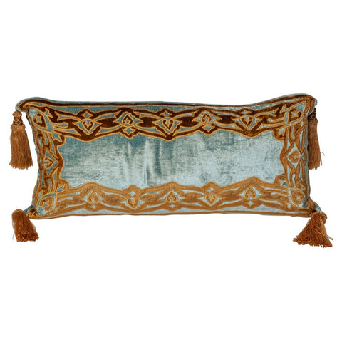 BLUE VELVET PILLOW WITH GOLD BORDER AND TASSELS