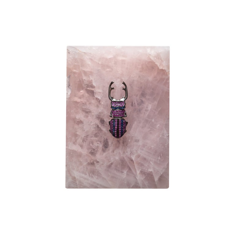 CONTEMPORARY ROSE QUARTZ BOX WITH SAPPHIRE INSECT