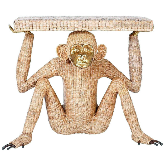 CONTEMPORARY MARIO LOPEZ TORRES WOVEN RATTAN MONKEY CONSOLE WITH BRASS FACE