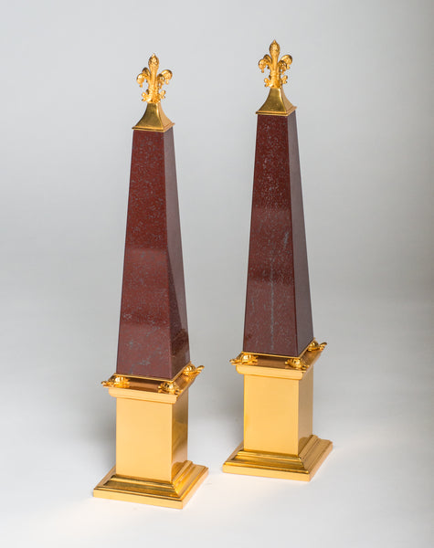 A pair of bronze & red marble obelisks embellished with tortoises made by a master bronze maker in Florence. Nurit visited and met with this artisan in his studio. Sold as a pair.