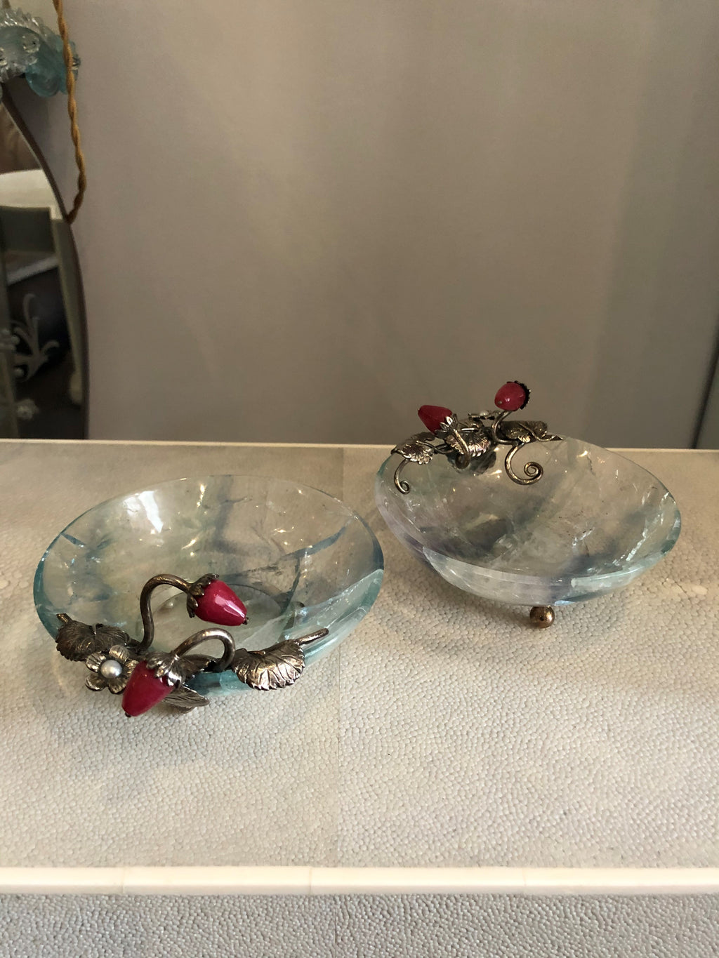 A delicate pair of fluorite bowls with sterling silver, pearls and semi-precious strawberries by master jeweller Pestelli, Florence.