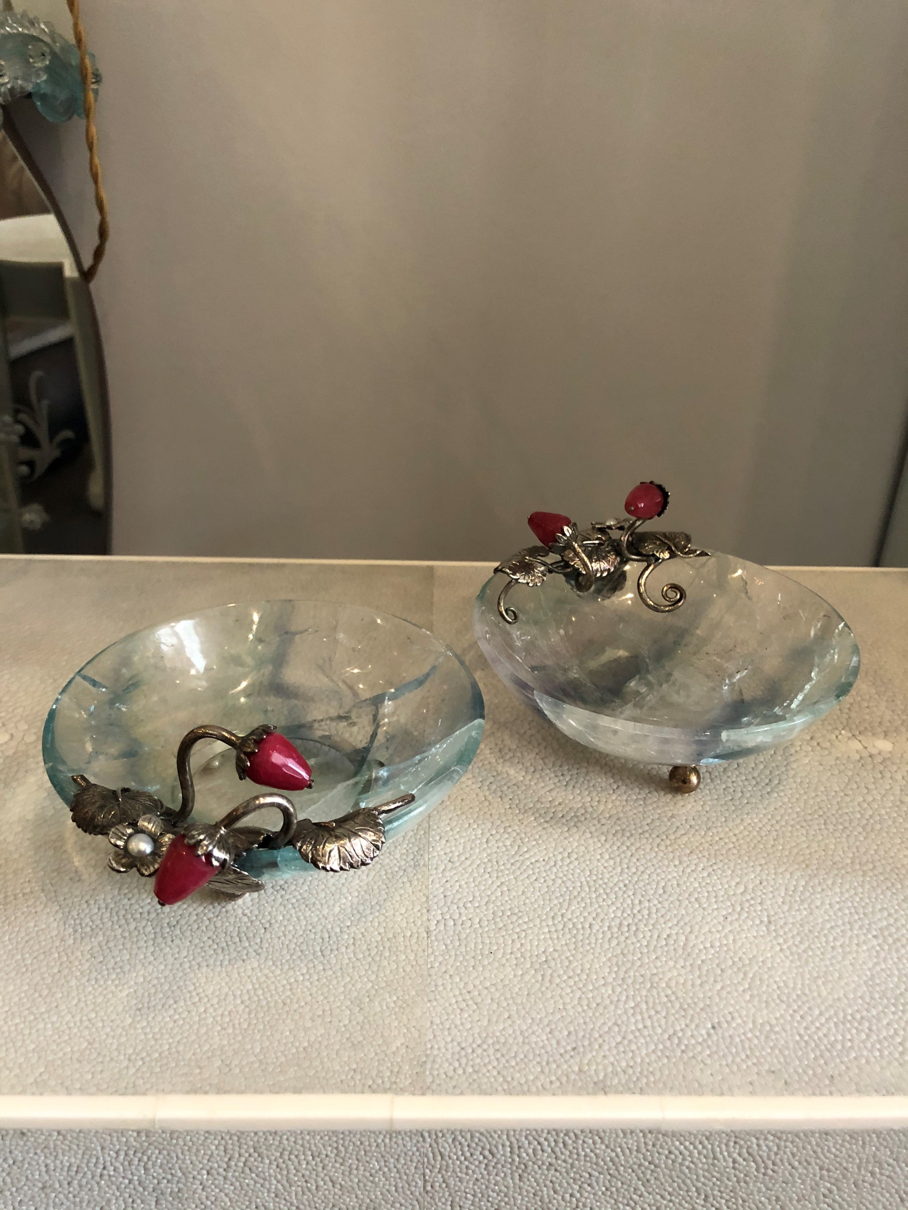 A delicate pair of fluorite bowls with sterling silver, pearls and semi-precious strawberries by master jeweller Pestelli, Florence.