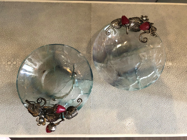 A delicate pair of fluorite bowls with sterling silver, pearls and semi-precious strawberries by master jeweller Pestelli, Florence.