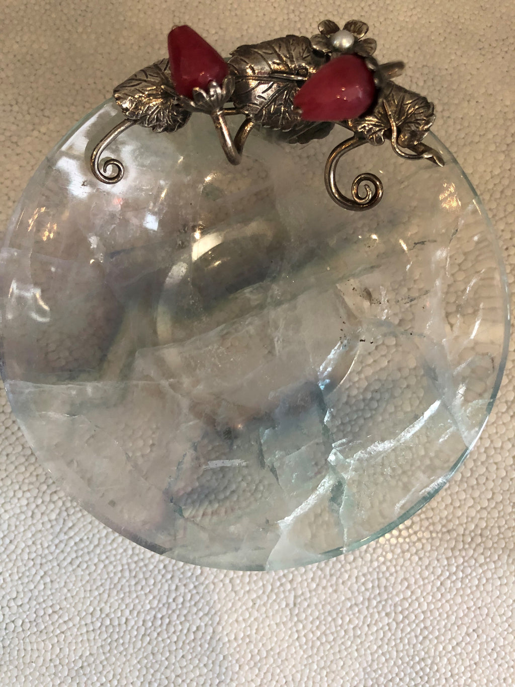 A delicate pair of fluorite bowls with sterling silver, pearls and semi-precious strawberries by master jeweller Pestelli, Florence.