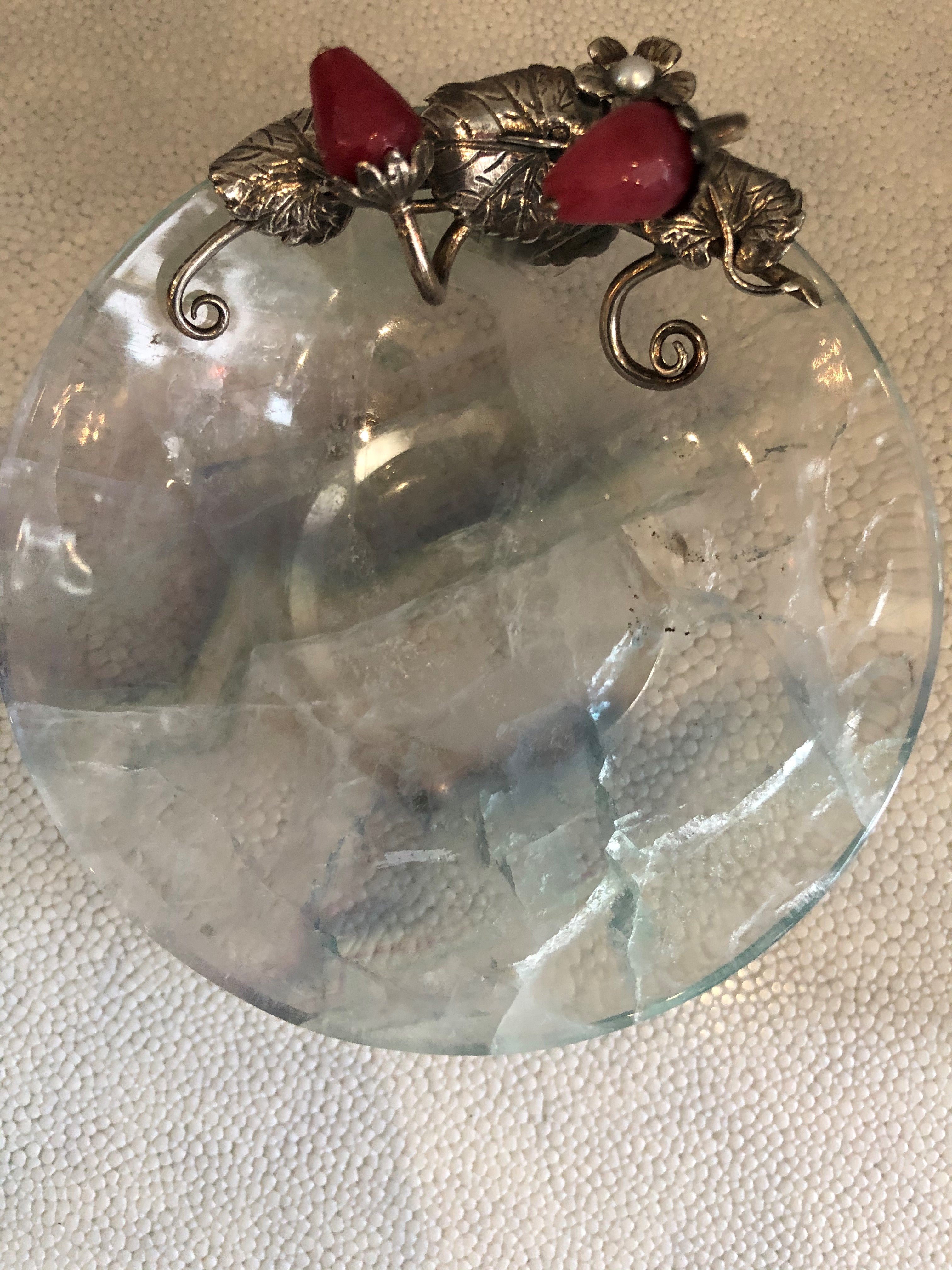 A delicate pair of fluorite bowls with sterling silver, pearls and semi-precious strawberries by master jeweller Pestelli, Florence.