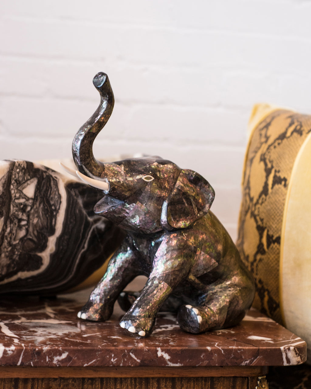CONTEMPORARY TAHITIAN MOTHER OF PEARL & BONE ELEPHANT