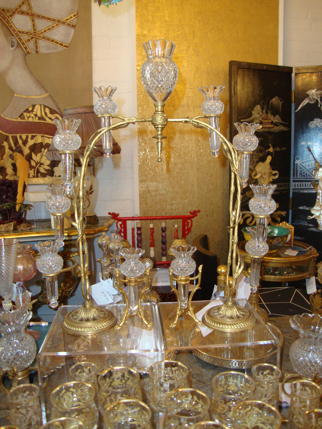 ANTIQUE BACCARAT BRASS & CUT CRYSTAL CENTERPIECE