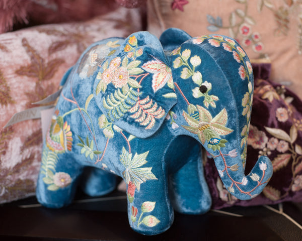 EMBROIDERED ELEPHANT IN MADAME BOVARY RIVIERA BLUE VELVET