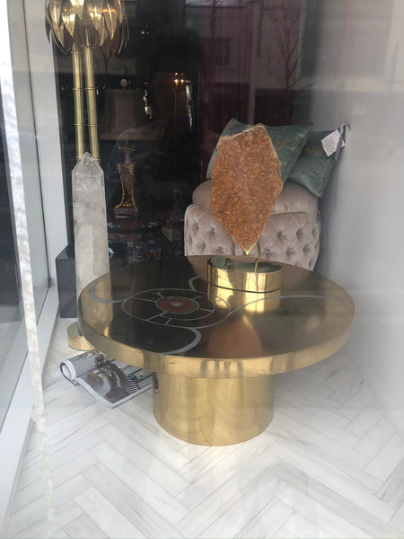 Our latest arrival in our Studio Maison Nurita line. This bold Citrine quartz stone is delicately held in place with a custom made brass setting and base. Citrine harnesses the warmth and comfort of the sun. Energize your home with this one of a kind decorative objet.