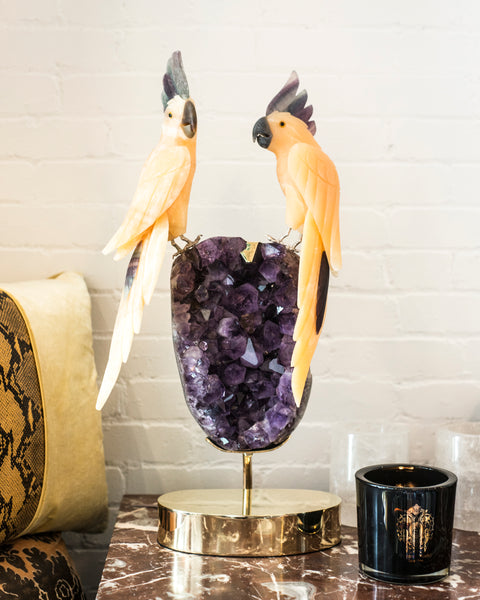 Discover something unique and be inspired by these magnificent hand carved, gold Onyx Cockatoos perched on an Amethyst stone with a custom Studio Maison Nurita brass base. Cockatoos are affectionate birds that are highly sociable and love to be around people. They even more striking in person.