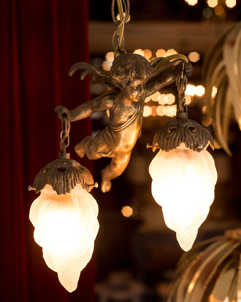 ANTIQUE FRENCH PAIR OF BRONZE CHERUB CHANDELIERS