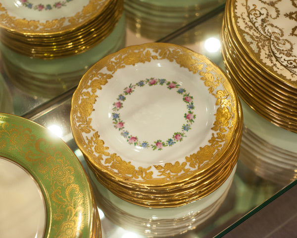 ANTIQUE SET OF 11 DESSERT PLATES EMBOSSED WITH GOLD FLOWERS