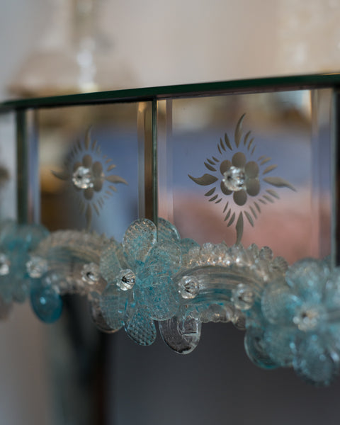 CONTEMPORARY MURANO MIRRORED CONSOLE WITH HAND BLOWN BLUE FLOWERS