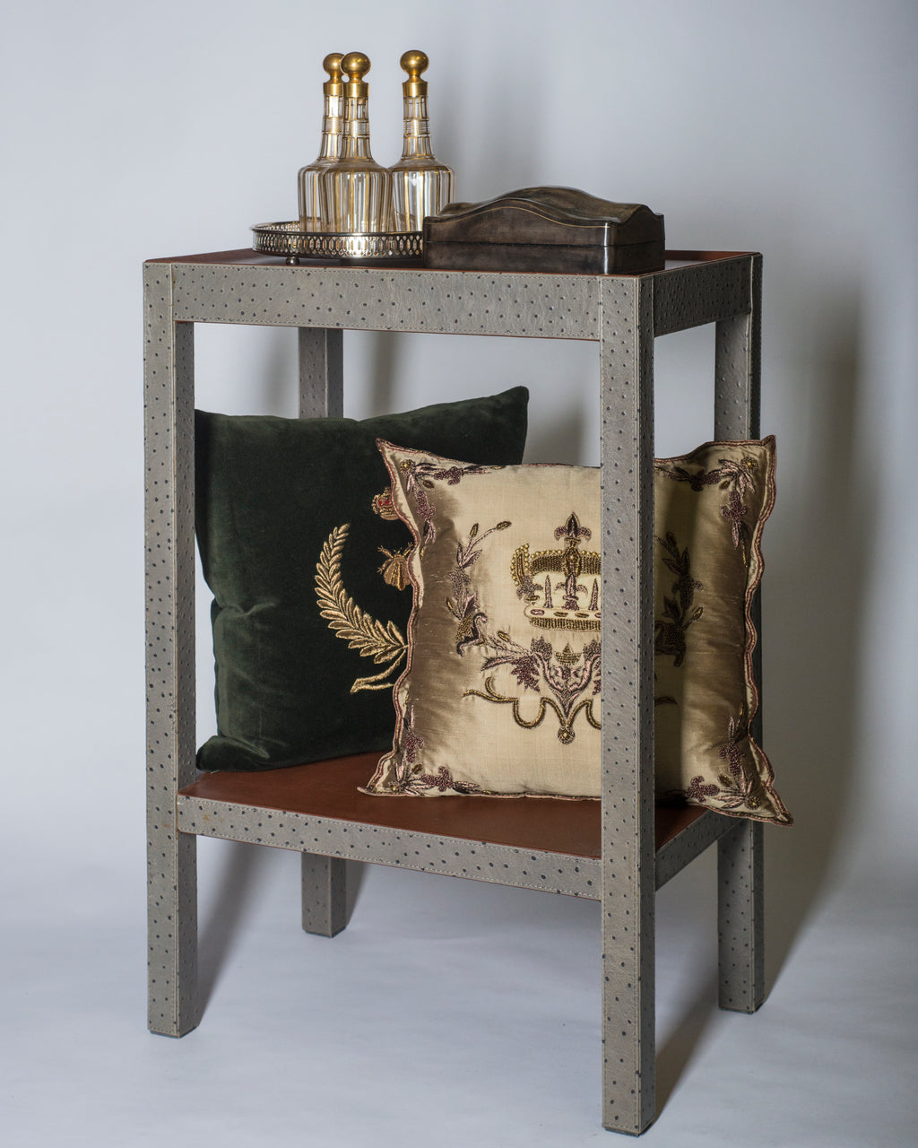 CONTEMPORARY OSTRICH PRINT LEATHER TELEPHONE TABLE