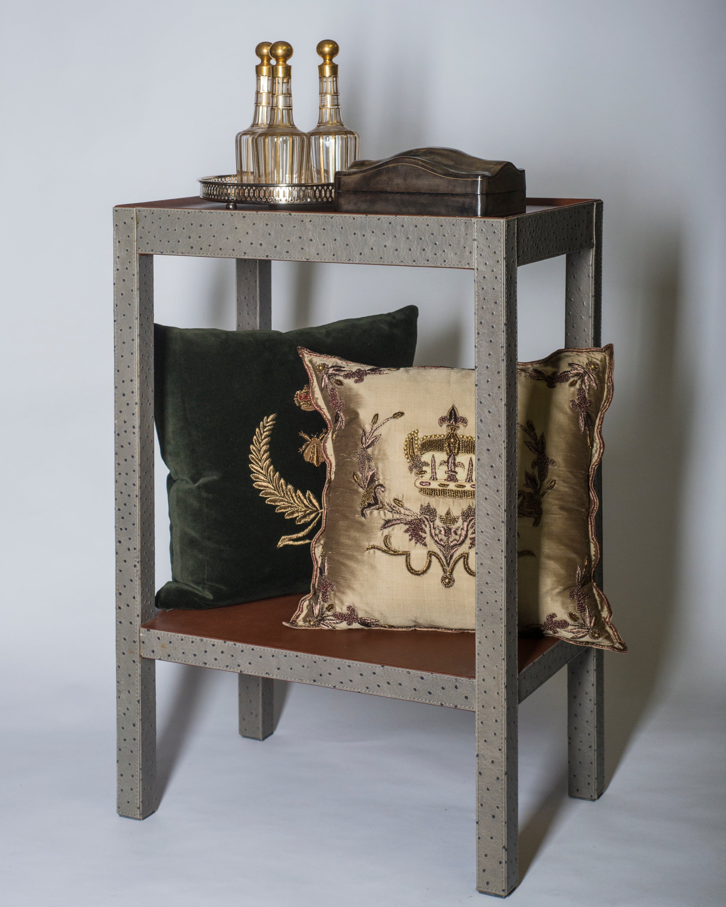 CONTEMPORARY OSTRICH PRINT LEATHER TELEPHONE TABLE