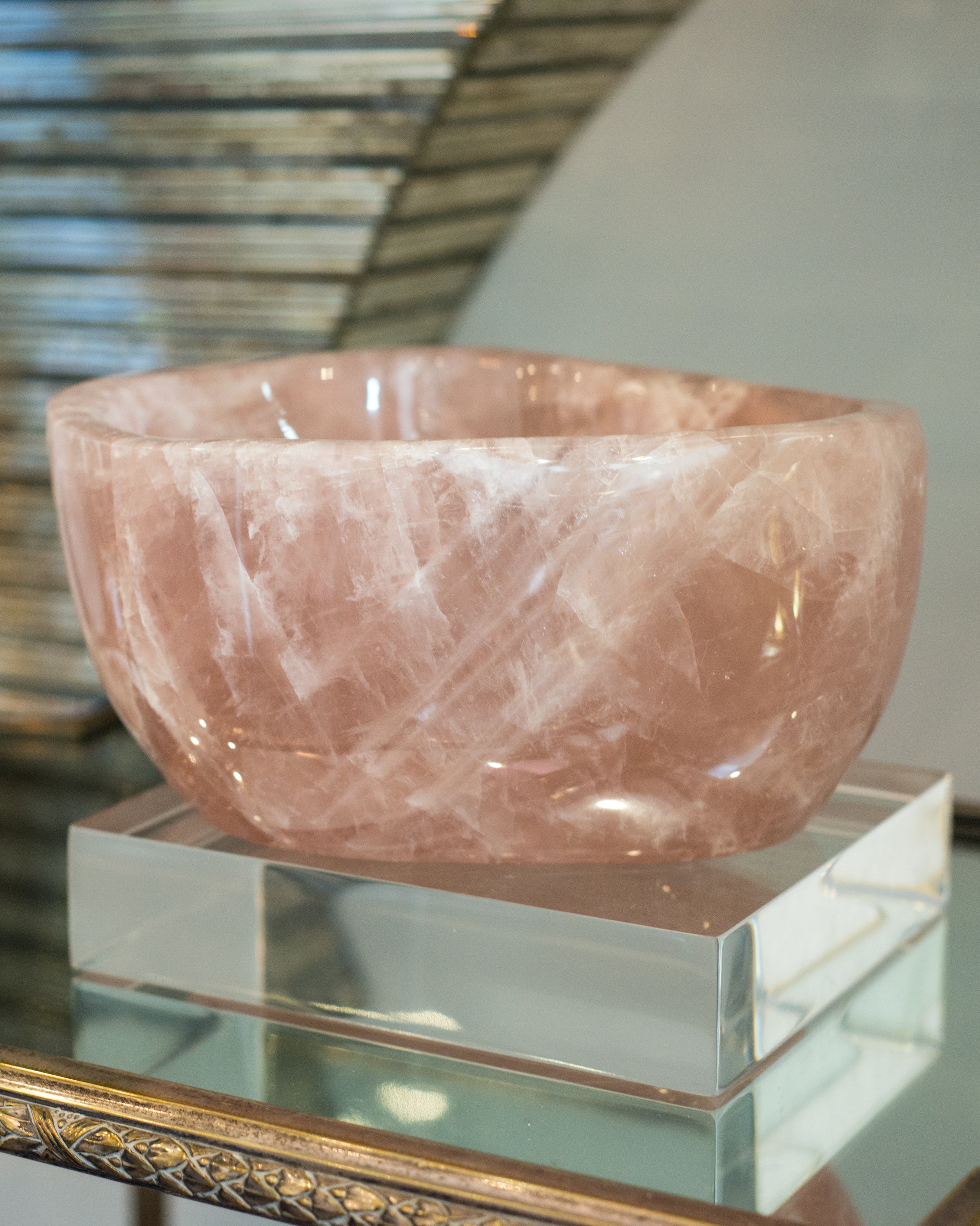 A spectacular rare, deep and thick carved Rose Quartz bowl. Rose quartz, the classic stone of love, increases harmony in the environment.