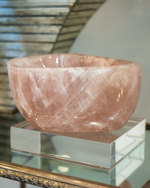 A spectacular rare, deep and thick carved Rose Quartz bowl. Rose quartz, the classic stone of love, increases harmony in the environment.