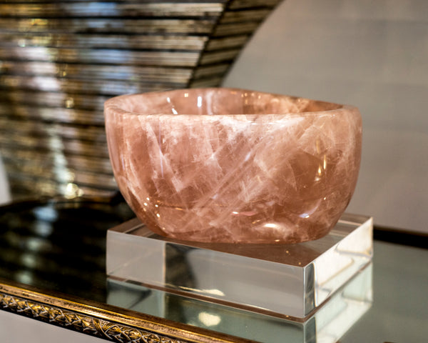 A spectacular rare, deep and thick carved Rose Quartz bowl. Rose quartz, the classic stone of love, increases harmony in the environment.