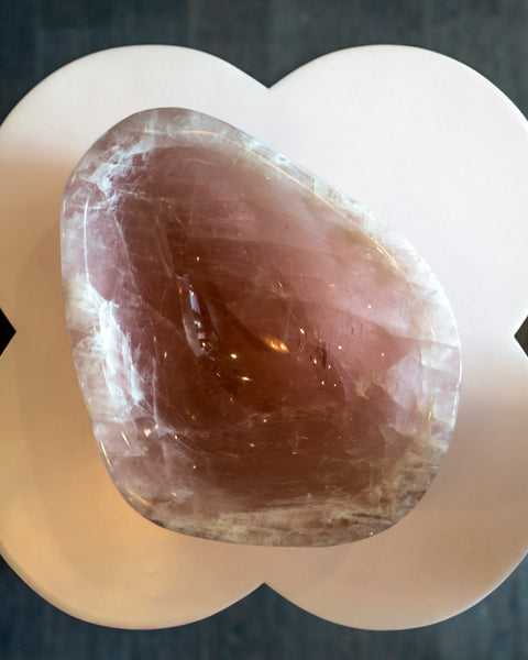 A spectacular rare, deep and thick carved Rose Quartz bowl. Rose quartz, the classic stone of love, increases harmony in the environment.