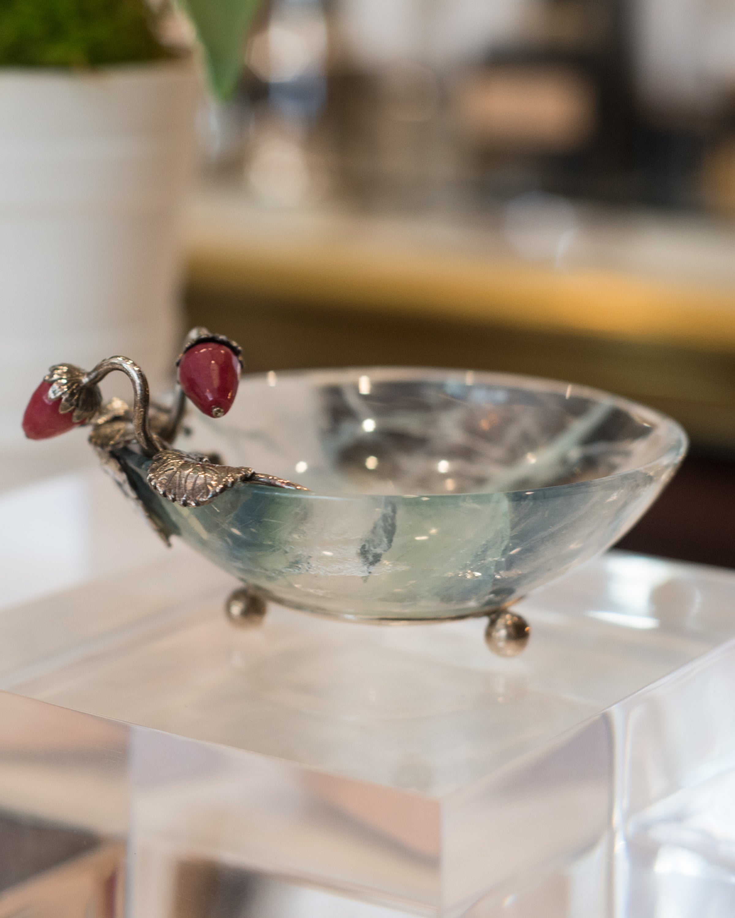 A delicate pair of fluorite bowls with sterling silver, pearls and semi-precious strawberries by master jeweller Pestelli, Florence.