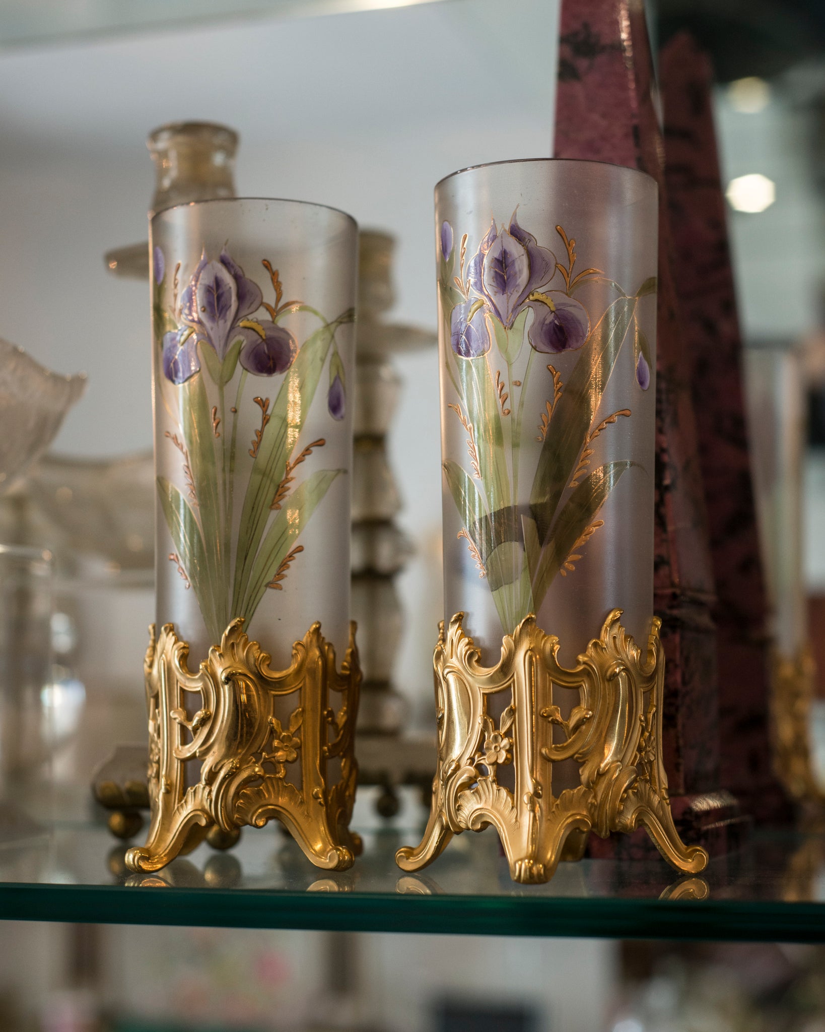 ANTIQUE PAIR OF GLASS & ORMOLU VASES