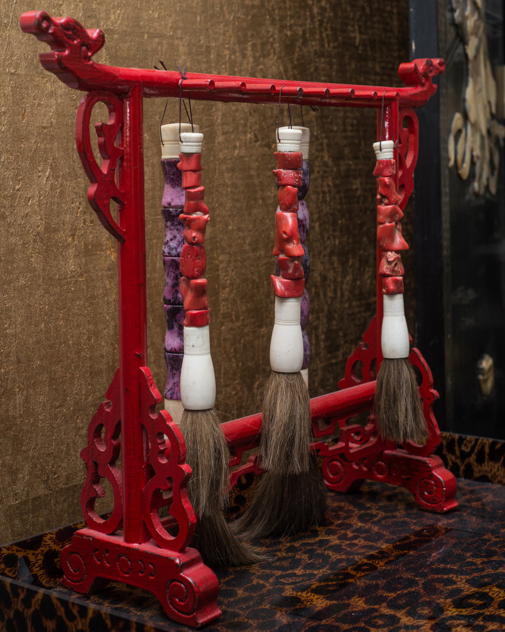 ANTIQUE SET OF RED & PURPLE CALLIGRAPHY BRUSHES WITH STAND