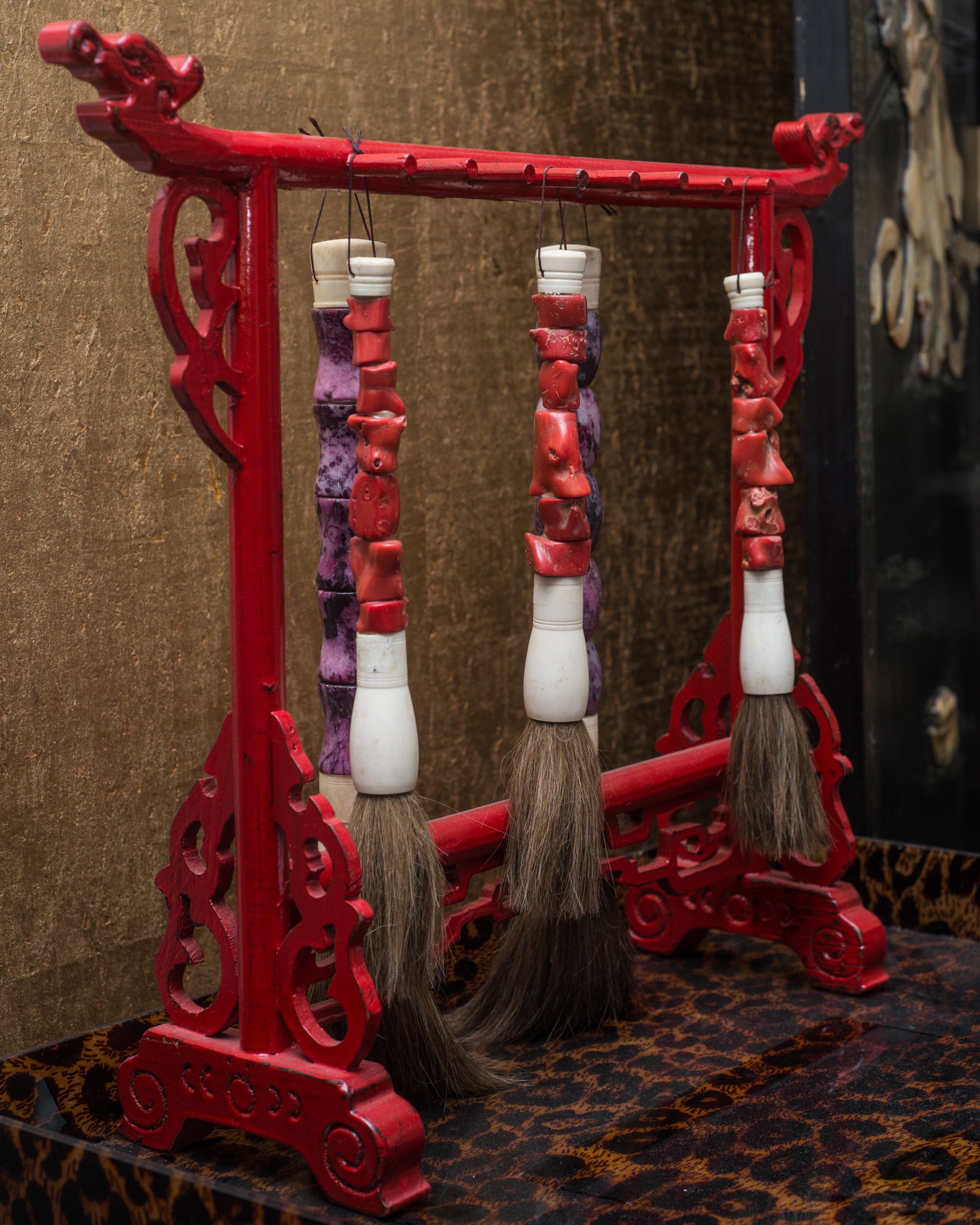 ANTIQUE SET OF RED & PURPLE CALLIGRAPHY BRUSHES WITH STAND