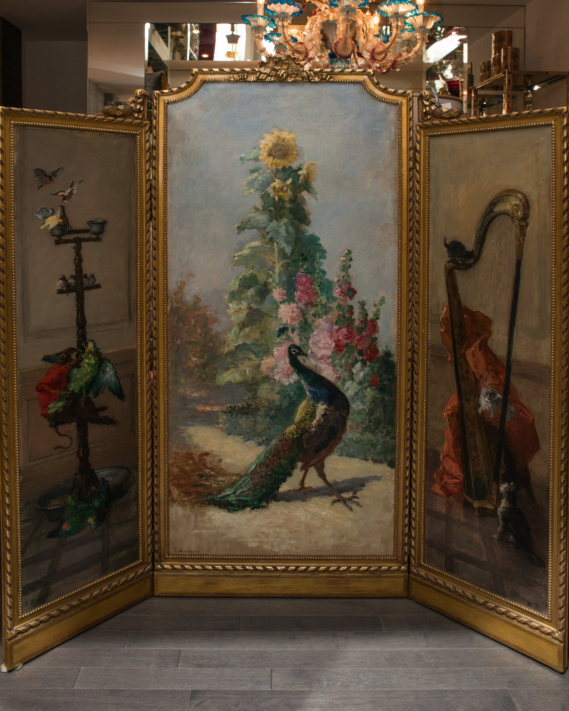 ANTIQUE PAINTED TRIPTYCH SCREEN BY CHARLES MONGINOT (1825-1900)