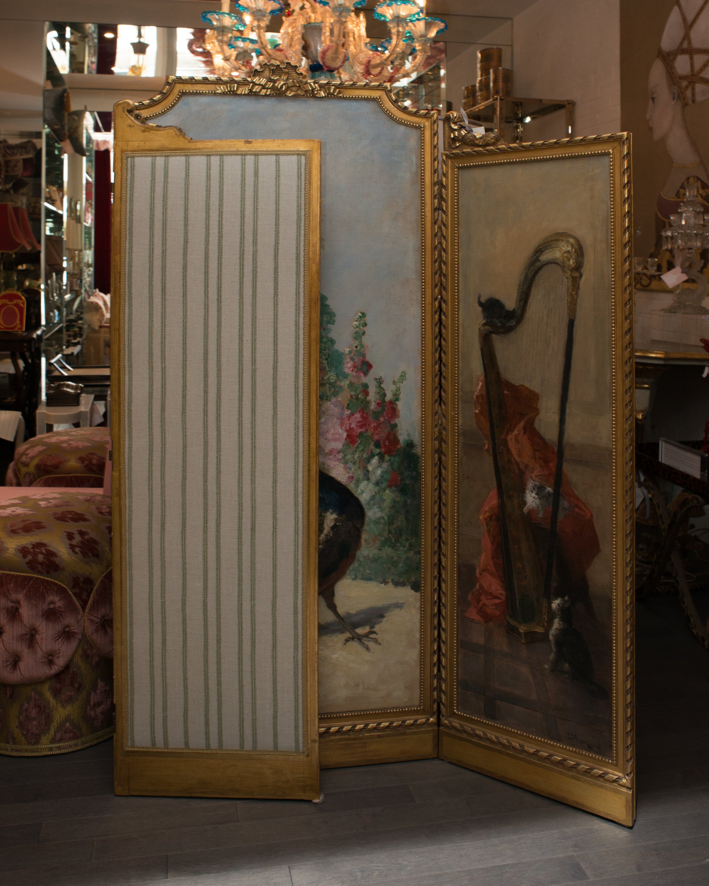 ANTIQUE PAINTED TRIPTYCH SCREEN BY CHARLES MONGINOT (1825-1900)