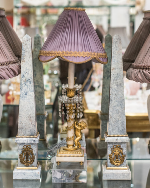 ANTIQUE FRENCH BRONZE AND MARBLE LAMP WITH AMETHYST DROPS AND A CUSTOM SILK SHADE