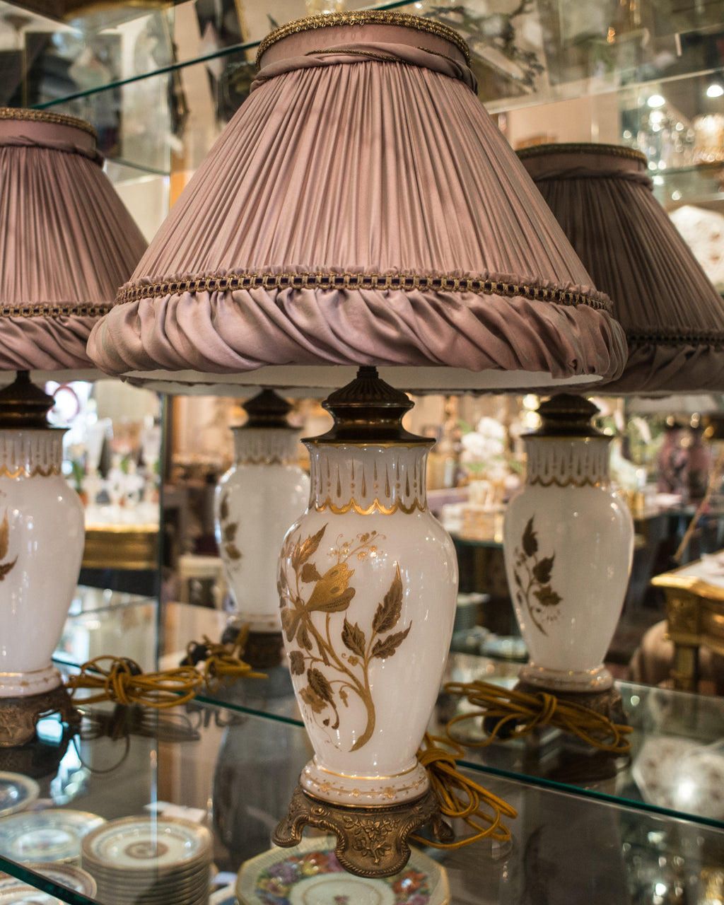 ANTIQUE FRENCH PAIR OF OPALINE WHITE & GOLD LAMPS WITH CUSTOM SILK SHADES