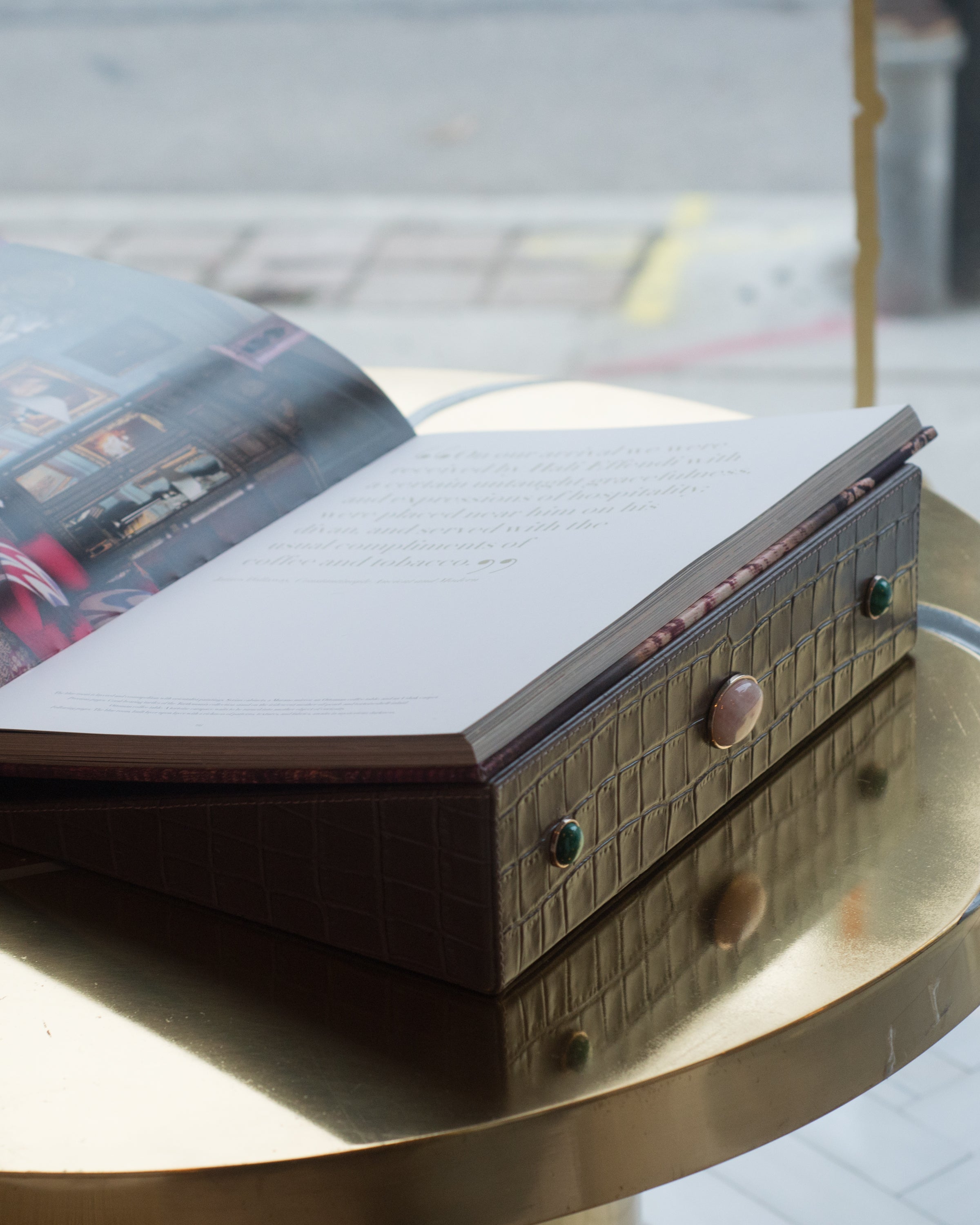 CONTEMPORARY JEWELLED CROCODILE BOOK STAND, MADAME MALACHITE